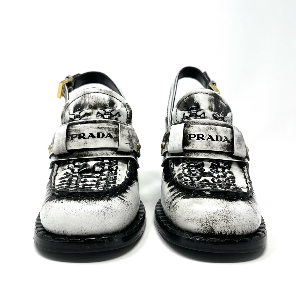 RARE Prada SS20 White Black Logo Brushed Leather Slingback Loafers Heels 39 9 - Picture 4 of 13